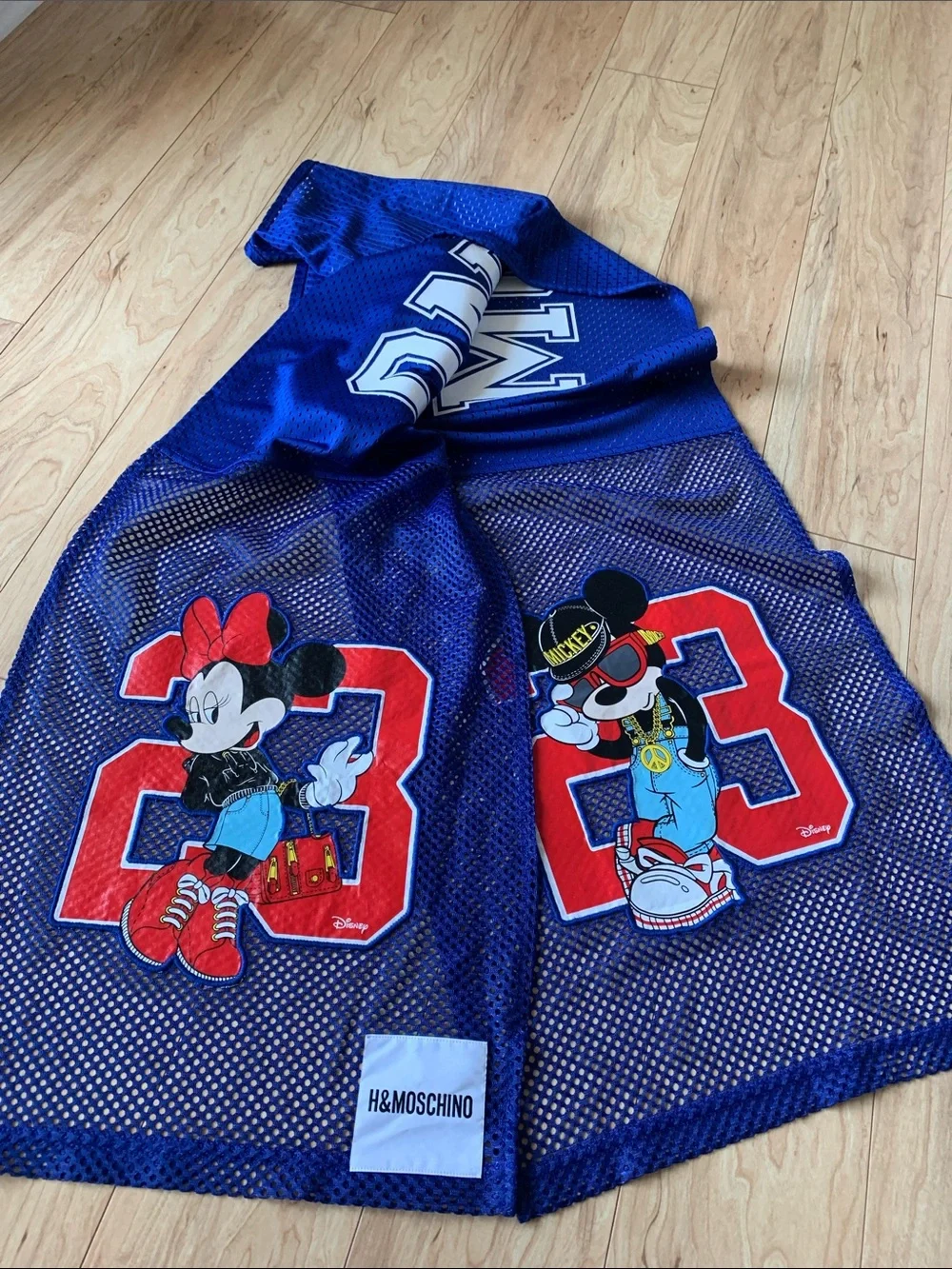 Moschino H&M Disney Blue Mesh Scarf with Mickey & Minnie Graphics